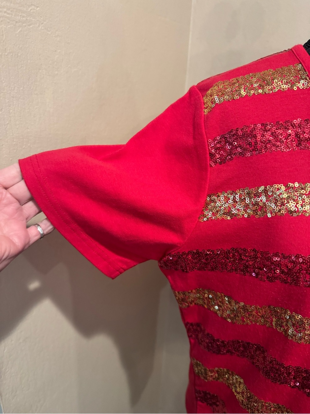 49er Bright Red Round Neck Tee with Gold and Red Sequin Horizontal Stripes - Picture 3 of 7